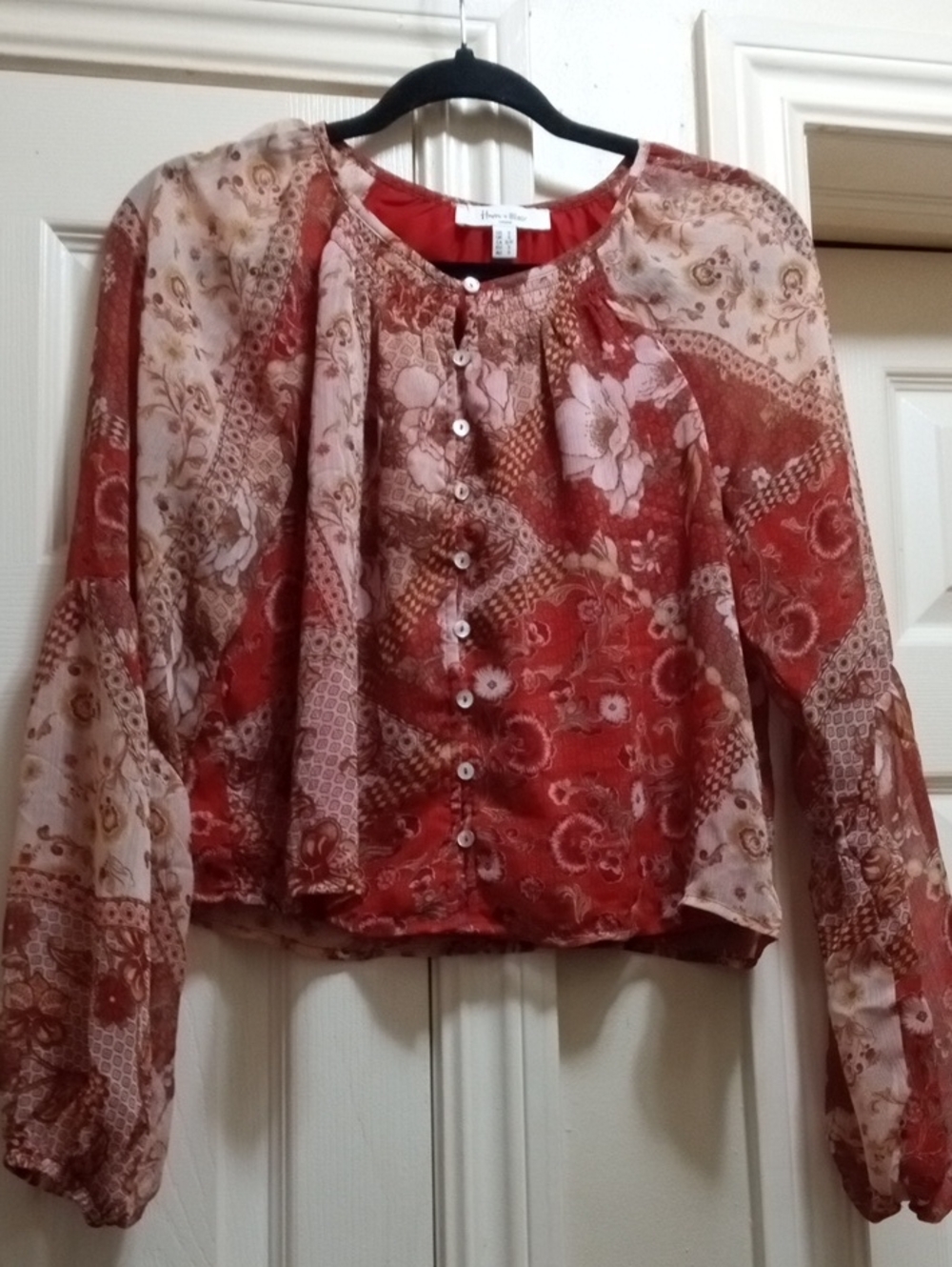 Boho Rustic Red Floral Button-Front Blouse